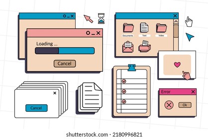 A set of user interface elements, UI and UX themes. In the vaporwave style of the 80-90s, retro collage. Vector illustration 