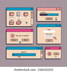 A set of user interface elements, UI and UX themes. In the vaporwave style of the 80-90s, retro collage. Vector illustration 