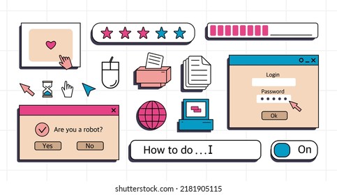 A set of user interface elements, UI and UX themes. In the vaporwave style of the 80-90s, retro collage. Vector illustration 