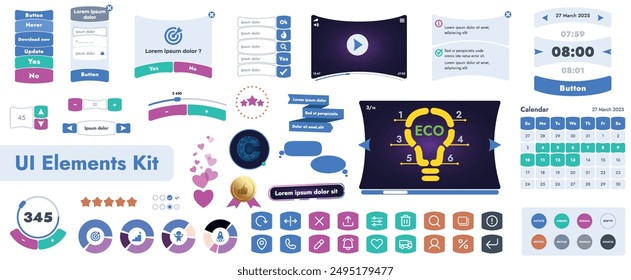 A set of user interface elements (UI kit) intended for use in mobile applications and websites. It contains a large collection of icons, buttons, and has cartoonish, rounded shapes.