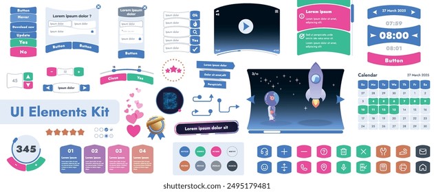 A set of user interface elements (UI kit) intended for use in mobile applications and websites. It contains a large collection of icons, buttons, and has cartoonish, rounded shapes.