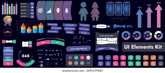 A set of user interface elements (UI kit) intended for use in mobile applications and websites. It contains a large collection of icons, buttons, and has cartoonish, rounded shapes.