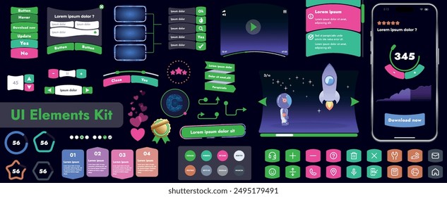 A set of user interface elements (UI kit) intended for use in mobile applications and websites. It contains a large collection of icons, buttons, and has cartoonish, rounded shapes.