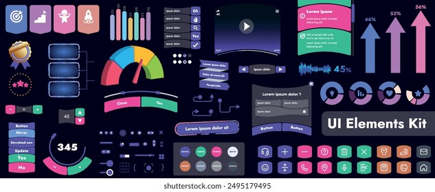 A set of user interface elements (UI kit) intended for use in mobile applications and websites. It contains a large collection of icons, buttons, and has cartoonish, rounded shapes.