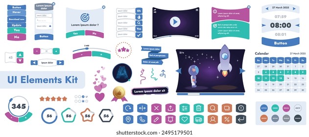 A set of user interface elements (UI kit) intended for use in mobile applications and websites. It contains a large collection of icons, buttons, and has cartoonish, rounded shapes.