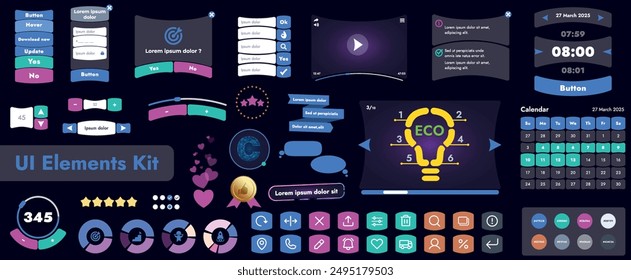 A set of user interface elements (UI kit) intended for use in mobile applications and websites. It contains a large collection of icons, buttons, and has cartoonish, rounded shapes.