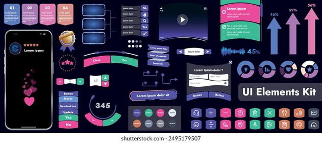 A set of user interface elements (UI kit) intended for use in mobile applications and websites. It contains a large collection of icons, buttons, and has cartoonish, rounded shapes.