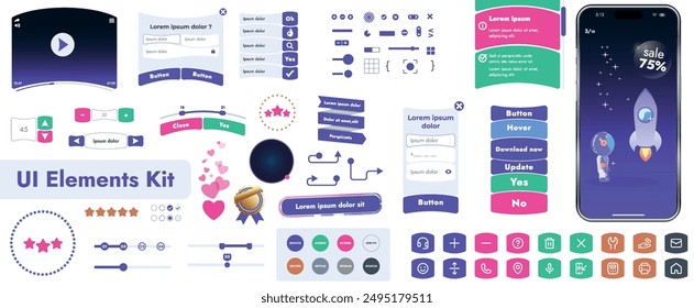 A set of user interface elements (UI kit) intended for use in mobile applications and websites. It contains a large collection of icons, buttons, and has cartoonish, rounded shapes.