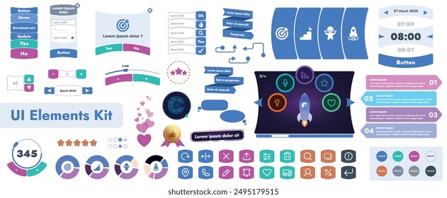 A set of user interface elements (UI kit) intended for use in mobile applications and websites. It contains a large collection of icons, buttons, and has cartoonish, rounded shapes.