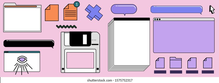 Set of user interface elements: virtual screens, speech bubbles and icons of files. Concept of landing page and web design. Vaporwave retrofuturistic style illustration.