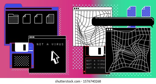 Set of user interface elements: virtual screens, speech bubbles and icons of files. Concept of landing page and web design. Vaporwave retrofuturistic style illustration.