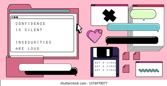 Set of user interface elements: virtual screens, speech bubbles and icons of files. Concept of landing page and web design. Vaporwave retrofuturistic style illustration.