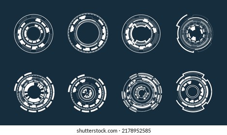 Set Of User Interface HUD Futuristic Style.Abstract Circles, Geometric Shapes, Advanced Technology Segmentation, Digital Technology On A Dark Blue Background.