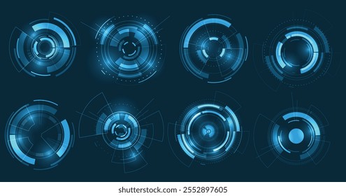 Set of User Interface HUD futuristic style.Abstract circles, geometric shapes, advanced technology segmentation, digital technology on a dark blue background.	