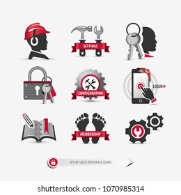 set of user interface icons containing: login and register symbols, account and profile setting buttons, mobile and web elements for website templates, flat, 3d style signs, eps10 vector illustration
