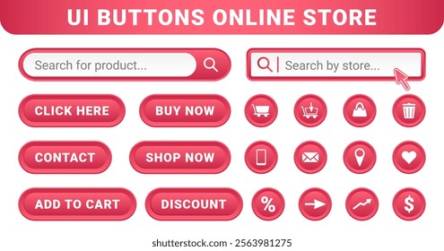 Set of user interface pink buttons online store or shop on a romantic love theme. UI purchase symbol Valentine Day collection. Add to cart, shop now, click here icons