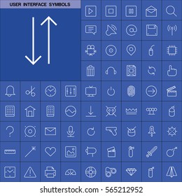 Set of User Interface Symbols Icons. Contains such Icons as Videocamera, Location Pin, Speedometer, Magic Stick, Printer, Headphone, Refresh Sign, Deny Sign and more. Editable Vector. Pixel Perfect.
