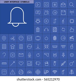 Set of User Interface Symbols Icons. Contains such Icons as Videocamera, Location Pin, Speedometer, Magic Stick, Printer, Headphone, Refresh Sign, Deny Sign and more. Editable Vector. Pixel Perfect.