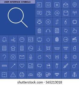 Set of User Interface Symbols Icons. Contains such Icons as Videocamera, Location Pin, Speedometer, Magic Stick, Printer, Headphone, Refresh Sign, Deny Sign and more. Editable Vector. Pixel Perfect.