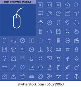 Set of User Interface Symbols Icons. Contains such Icons as Videocamera, Location Pin, Speedometer, Magic Stick, Printer, Headphone, Refresh Sign, Deny Sign and more. Editable Vector. Pixel Perfect.