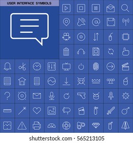 Set of User Interface Symbols Icons. Contains such Icons as Videocamera, Location Pin, Speedometer, Magic Stick, Printer, Headphone, Refresh Sign, Deny Sign and more. Editable Vector. Pixel Perfect.