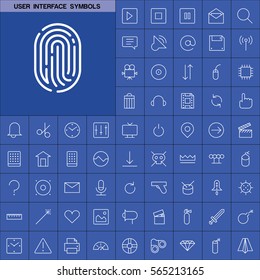 Set of User Interface Symbols Icons. Contains such Icons as Videocamera, Location Pin, Speedometer, Magic Stick, Printer, Headphone, Refresh Sign, Deny Sign and more. Editable Vector. Pixel Perfect.