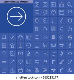 Set of User Interface Symbols Icons. Contains such Icons as Videocamera, Location Pin, Speedometer, Magic Stick, Printer, Headphone, Refresh Sign, Deny Sign and more. Editable Vector. Pixel Perfect.