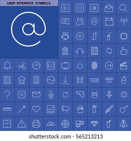 Set of User Interface Symbols Icons. Contains such Icons as Videocamera, Location Pin, Speedometer, Magic Stick, Printer, Headphone, Refresh Sign, Deny Sign and more. Editable Vector. Pixel Perfect.