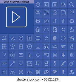 Set of User Interface Symbols Icons. Contains such Icons as Videocamera, Location Pin, Speedometer, Magic Stick, Printer, Headphone, Refresh Sign, Deny Sign and more. Editable Vector. Pixel Perfect.