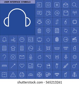 Set of User Interface Symbols Icons. Contains such Icons as Videocamera, Location Pin, Speedometer, Magic Stick, Printer, Headphone, Refresh Sign, Deny Sign and more. Editable Vector. Pixel Perfect.
