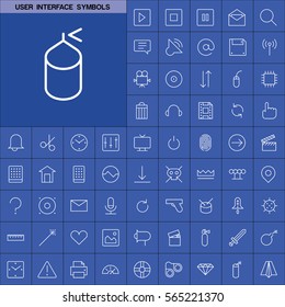 Set of User Interface Symbols Icons. Contains such Icons as Videocamera, Location Pin, Speedometer, Magic Stick, Printer, Headphone, Refresh Sign, Deny Sign and more. Editable Vector. Pixel Perfect.