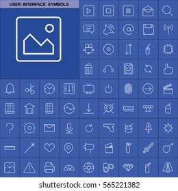 Set of User Interface Symbols Icons. Contains such Icons as Videocamera, Location Pin, Speedometer, Magic Stick, Printer, Headphone, Refresh Sign, Deny Sign and more. Editable Vector. Pixel Perfect.
