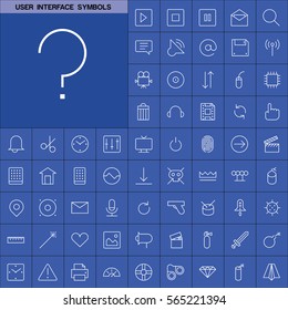 Set of User Interface Symbols Icons. Contains such Icons as Videocamera, Location Pin, Speedometer, Magic Stick, Printer, Headphone, Refresh Sign, Deny Sign and more. Editable Vector. Pixel Perfect.