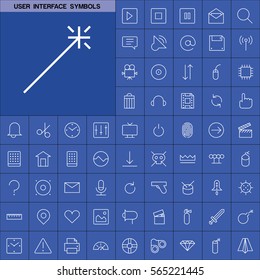Set of User Interface Symbols Icons. Contains such Icons as Videocamera, Location Pin, Speedometer, Magic Stick, Printer, Headphone, Refresh Sign, Deny Sign and more. Editable Vector. Pixel Perfect.