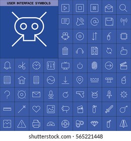 Set of User Interface Symbols Icons. Contains such Icons as Videocamera, Location Pin, Speedometer, Magic Stick, Printer, Headphone, Refresh Sign, Deny Sign and more. Editable Vector. Pixel Perfect.