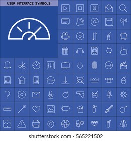 Set of User Interface Symbols Icons. Contains such Icons as Videocamera, Location Pin, Speedometer, Magic Stick, Printer, Headphone, Refresh Sign, Deny Sign and more. Editable Vector. Pixel Perfect.