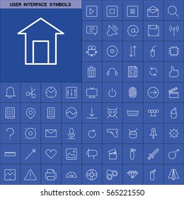 Set of User Interface Symbols Icons. Contains such Icons as Videocamera, Location Pin, Speedometer, Magic Stick, Printer, Headphone, Refresh Sign, Deny Sign and more. Editable Vector. Pixel Perfect.