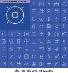Set of User Interface Symbols Icons. Contains such Icons as Videocamera, Location Pin, Speedometer, Magic Stick, Printer, Headphone, Refresh Sign, Deny Sign and more. Editable Vector. Pixel Perfect.