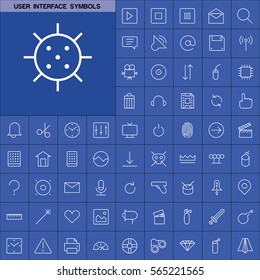 Set of User Interface Symbols Icons. Contains such Icons as Videocamera, Location Pin, Speedometer, Magic Stick, Printer, Headphone, Refresh Sign, Deny Sign and more. Editable Vector. Pixel Perfect.
