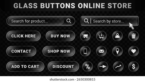 Set of user interface transparent buttons online store or shop on a liquid glass style. UI purchase symbol blur effect collection. Add to cart, shop now, click here icons

