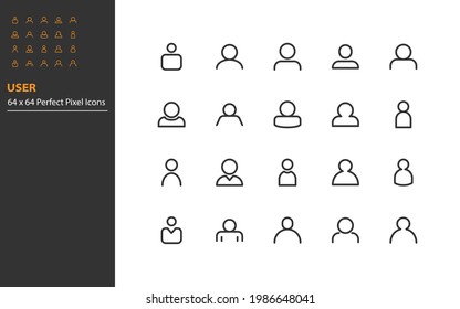 set of user line icons, 64x64px, people, member, identity