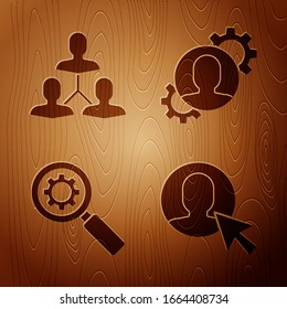 Set User of man in business suit, Project team base, Magnifying glass and gear and Human with gear inside on wooden background. Vector