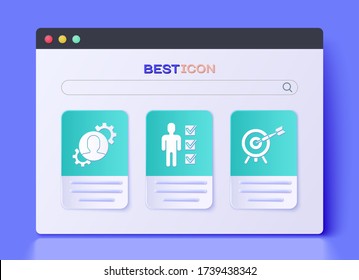 Set User of man in business suit, Human with gear inside and Target with arrow icon. Vector