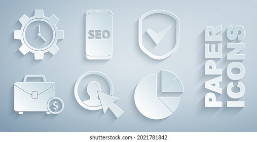 Set User of man in business suit, Shield with check mark, Briefcase and money, Pie chart infographic, Mobile phone SEO optimization and Time Management icon. Vector