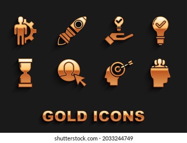 Set User Of Man In Business Suit, Light Bulb And Check Mark, Project Team Base, Head Hunting Concept, Old Hourglass With Flowing Sand, Hand, Human Gear Inside And Rocket Ship Fire Icon. Vector