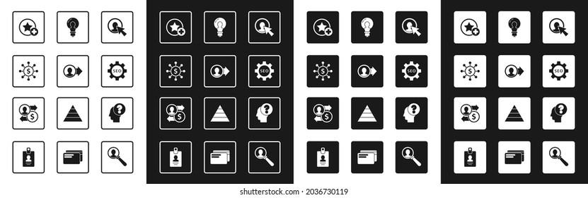 Set User of man in business suit, Job promotion, Dollar, share, network, Star, Seo tag with gear wheel, Light bulb concept idea, Human head question mark and exchange money icon. Vector
