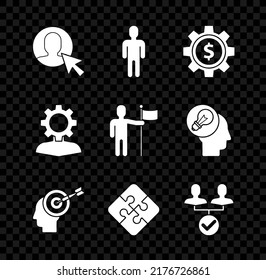 Set User Of Man In Business Suit, Gear With Dollar Symbol, Head Hunting Concept, Piece Puzzle, Project Team Base, Human Gear Inside And Man Holding Flag Icon. Vector