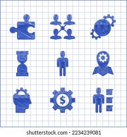 Set User of man in business suit, Gear with dollar symbol, Location job, Human gear inside, Old hourglass flowing sand,  and Piece puzzle icon. Vector