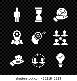 Set User of man in business suit, Old hourglass with flowing sand, Piece puzzle hand, Project team base, Human resources, Light bulb check mark, Location job and Head hunting concept icon. Vector