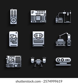 Set User manual, 3d scanning system, Industrial machine robotic robot arm hand, Electronic computer components motherboard digital chip, Algorithm, 3D printer and Remote control icon. Vector